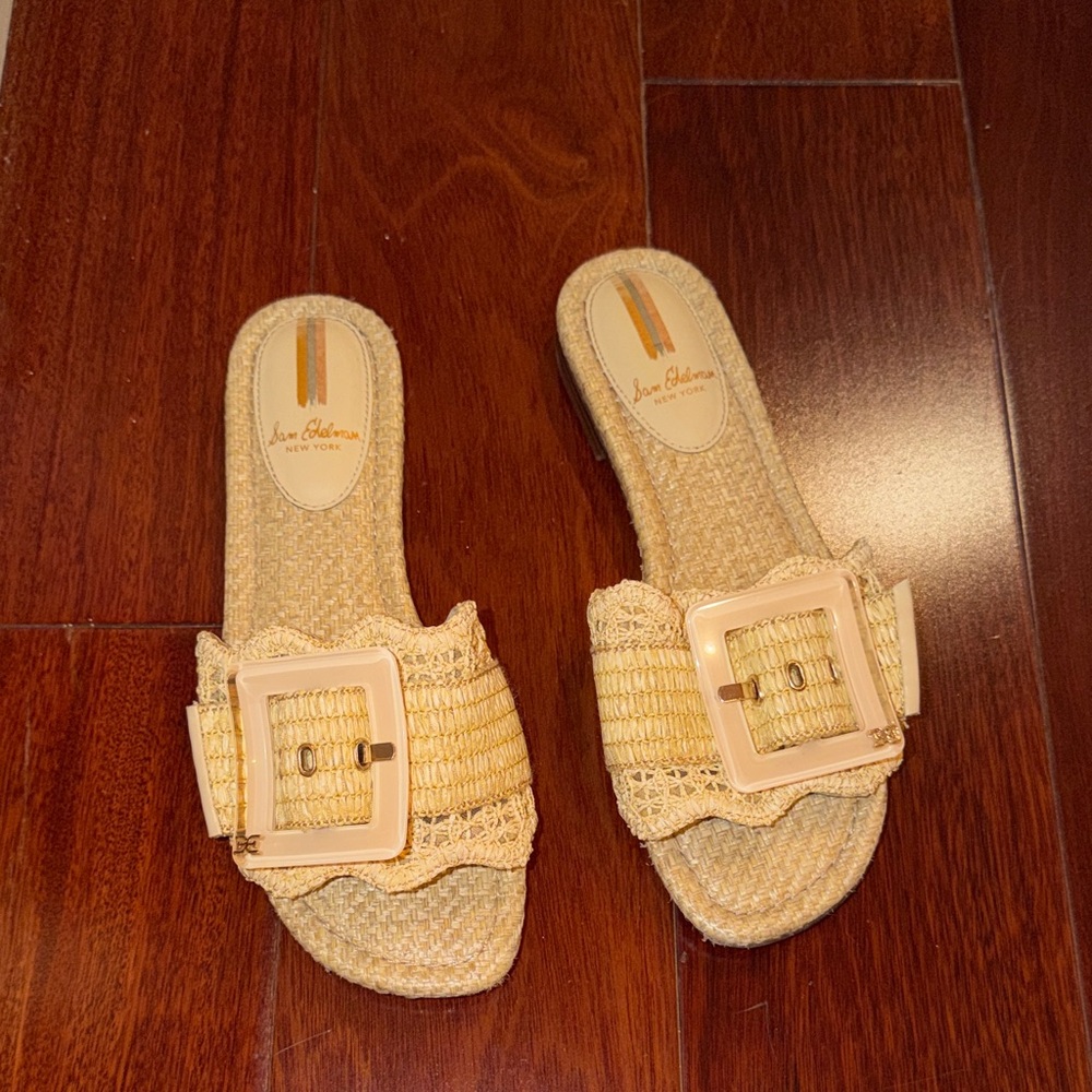 Sam Edelman Beige Raffia Slide Sandals with Buckle Accent